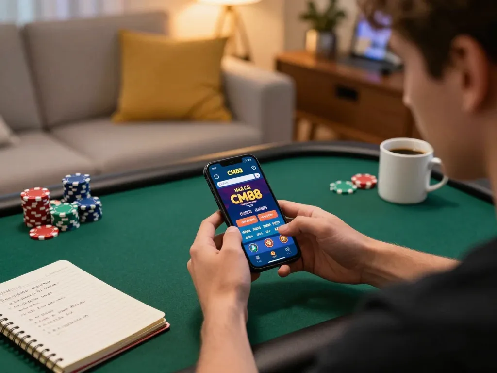 Player engaging with the NHÀ CÁI CM88 app on smartphone, showcasing betting strategies in a cozy home environment