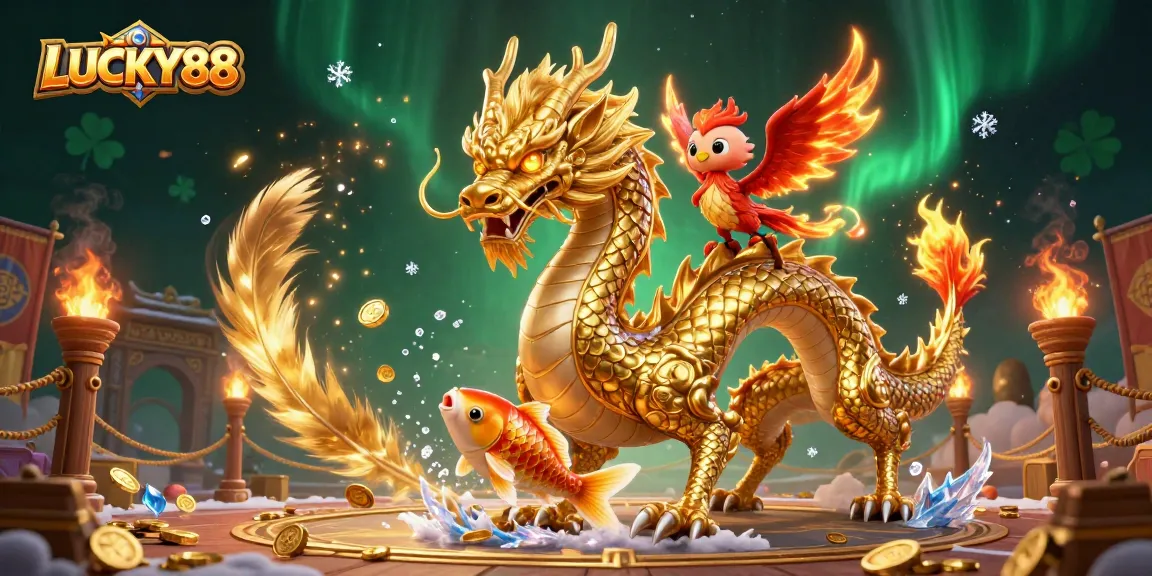 Engage with LUCKY88, a vibrant 3D casino scene featuring a dragon, phoenix, and koi amidst dynamic game elements.