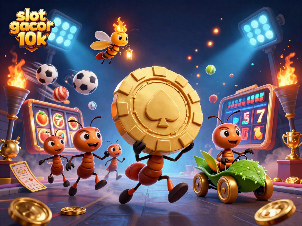 Experience the thrill of slot gacor 10k with cartoon ants heisting a giant poker chip amidst vibrant casino elements.