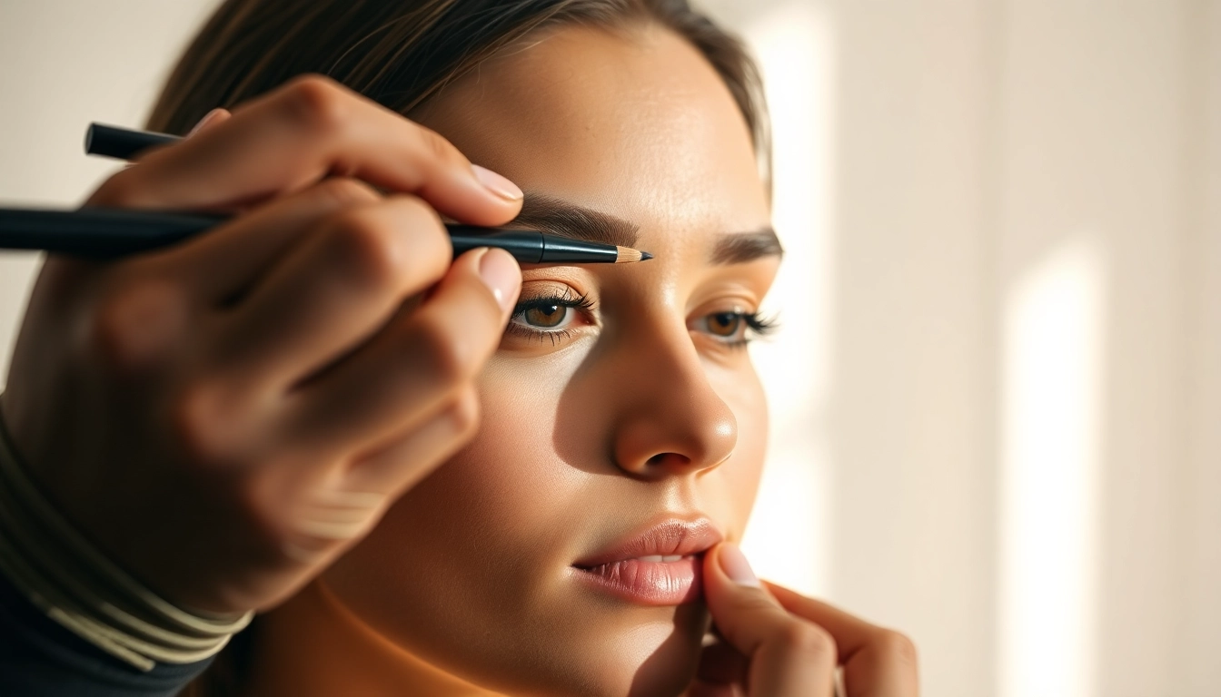Enhancing brows with a brow pen for a flawless makeup look.