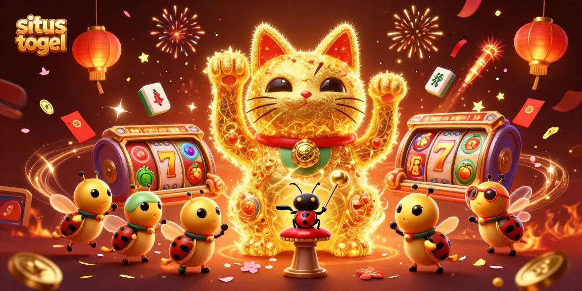 Join the excitement of situs togel with a vibrant lucky cat and casino symbols in a festive scene.