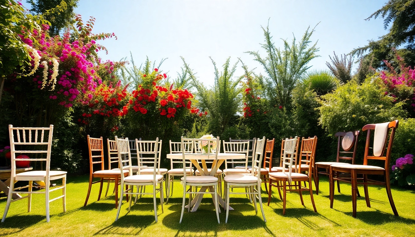 Chair Rentals showcased elegantly in a beautiful outdoor garden setting, emphasizing variety.