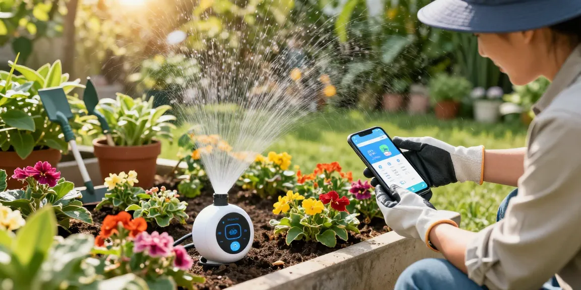 Gardener using RainPoint water timer outdoors, adjusting settings on smartphone app while watering blooming flower beds in lush garden.