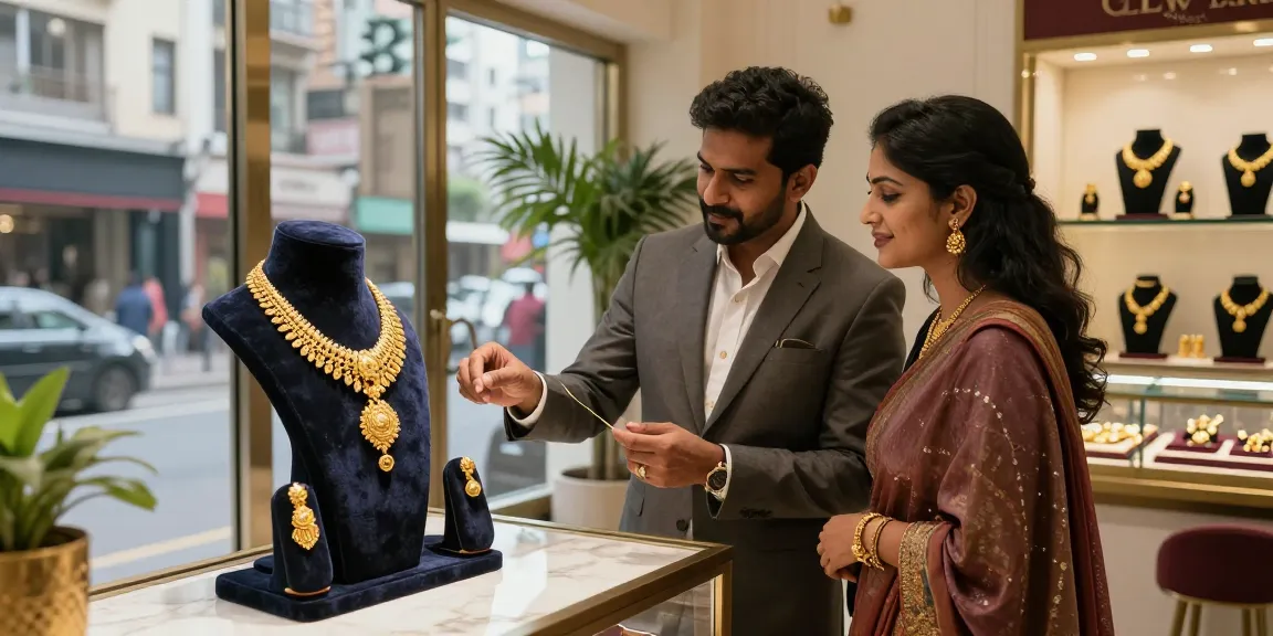 70 gram gold price in india displayed in an elegant jewelry shop with a jeweler assisting customers.