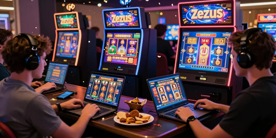 Engaging players enjoying zeus slot on laptops, showcasing thrilling online gaming atmosphere and vibrant graphics.