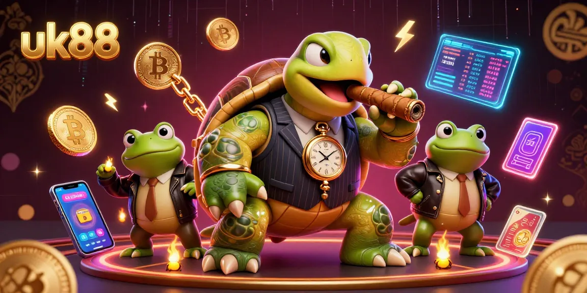 Experience thrilling gameplay at uk88 with a vibrant 3D casino illustration featuring unique characters and crypto elements.