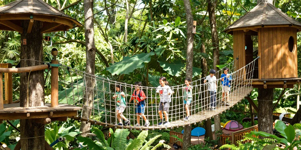 Rope Bridge design connecting treehouses in a vibrant forest setting with children enjoying the adventure.