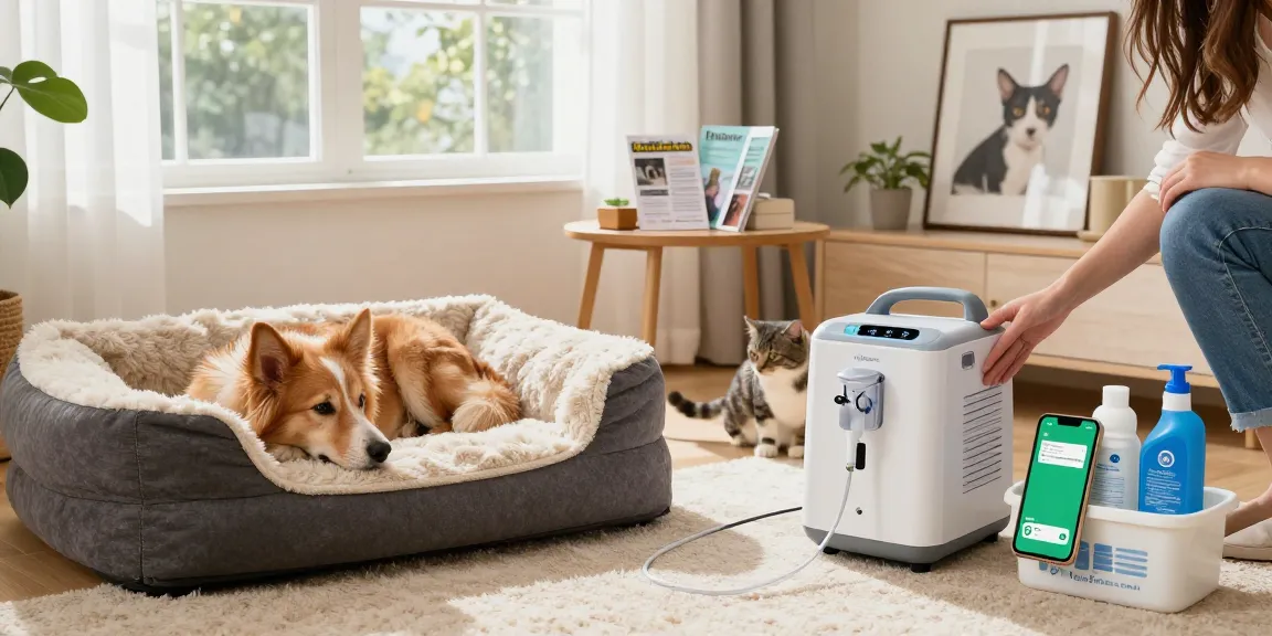 Comfortable pet setting featuring portable oxygen concentrator; Pricing Pet Oxygen Machine prominently displayed.