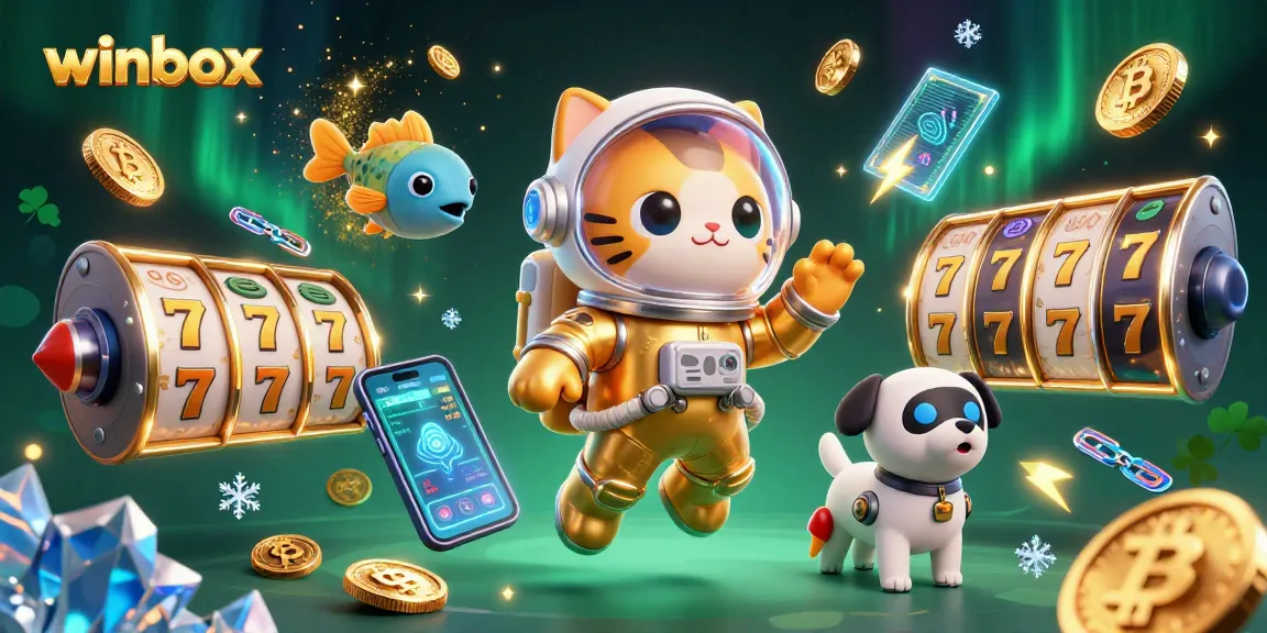 Winbox showcases vibrant slots action amidst a cosmic-themed scene of fun, winning moments, and animated characters.
