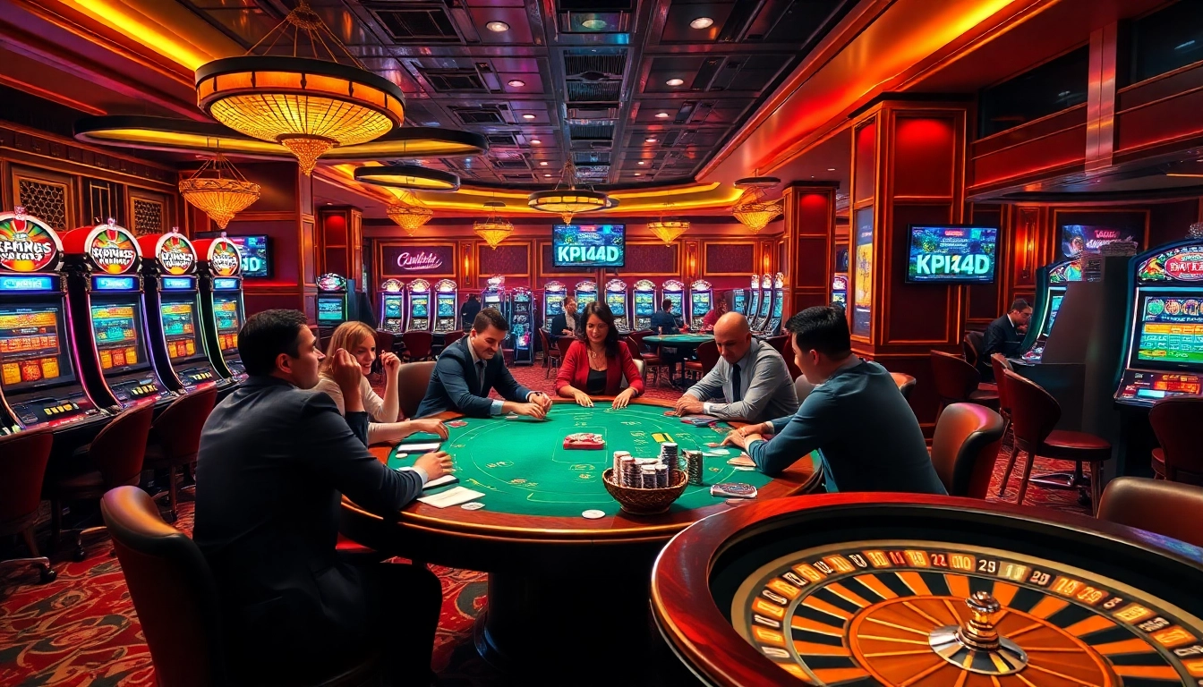 Experience the excitement of kpi4d with players at a poker table surrounded by vibrant casino lights.