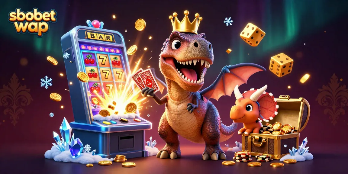 Experience sbobet wap mobile gaming fun with a T-Rex, pterodactyl, and triceratops in this vibrant illustration.