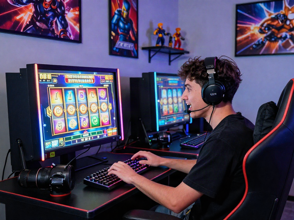 Pemain JPTOTO terlibat dengan mesin game jackpot di ruang gaming yang berwarna-warni.