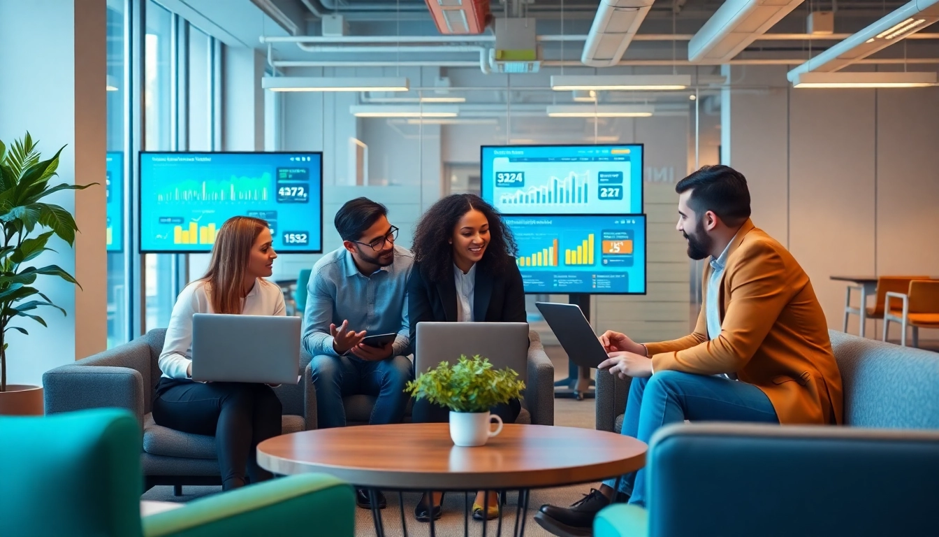 Engaging team at a agencia hubspot collaborating in a modern office setting.