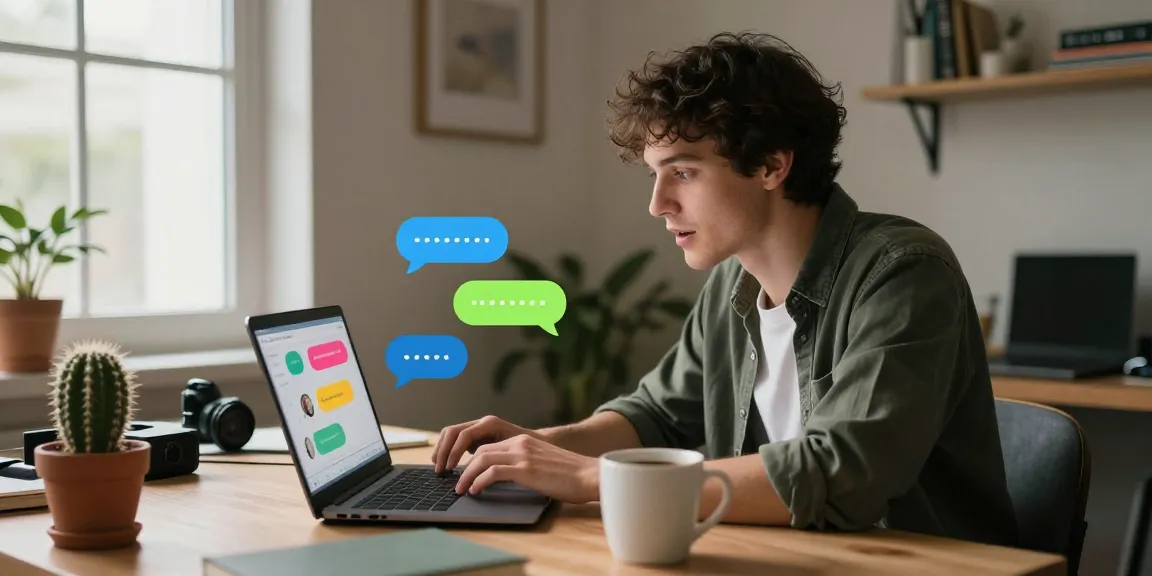 Engaging in sexting AI conversation in a cozy home office with technology and personal connection.