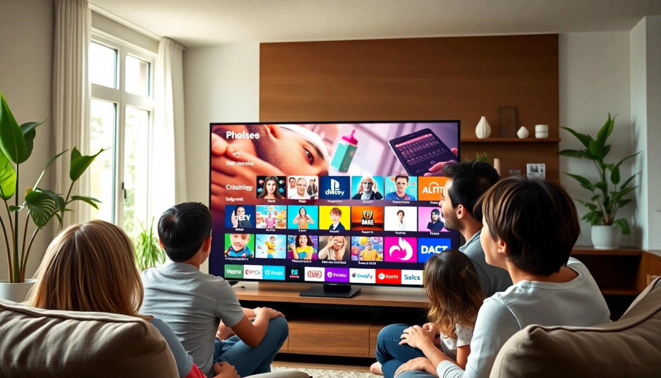 Family enjoying IPTV Suisse in a modern living room setting with a vibrant atmosphere.