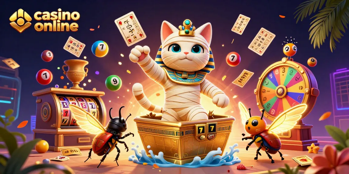 Începe o aventură la casino online cu o pisică mumie și un scarab în lumina strălucitoare a jocurilor de noroc.