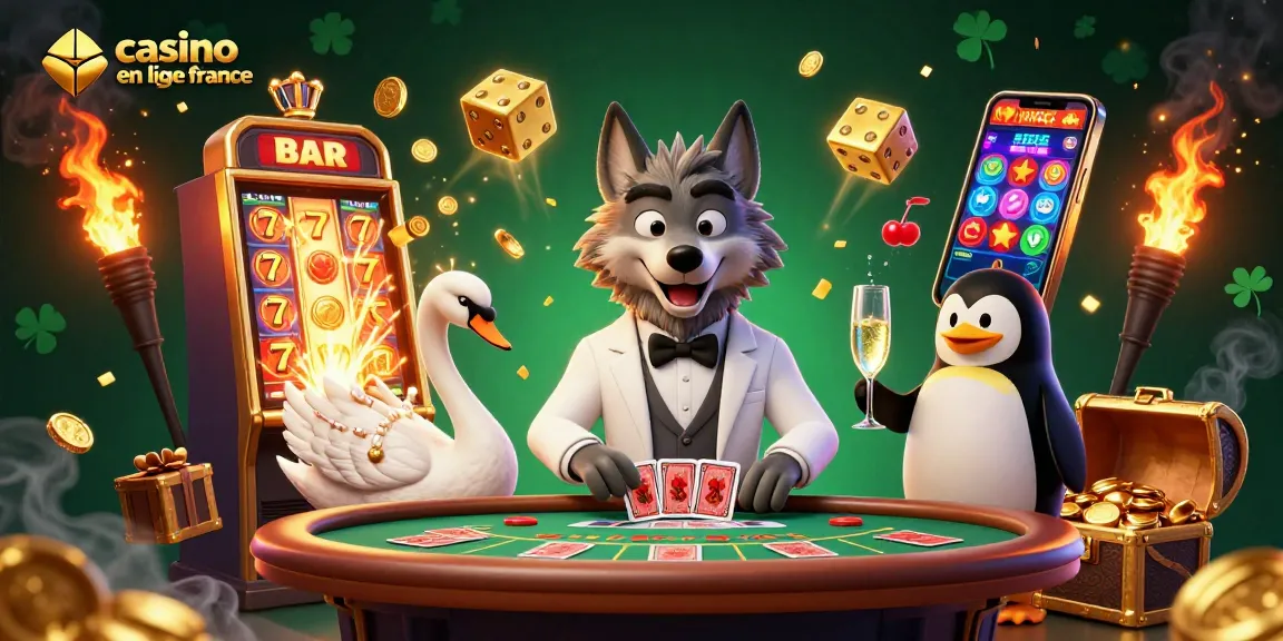 Jouez sur le casino en ligne France avec cette illustration dynamique riche en éléments de jeux et personnages.