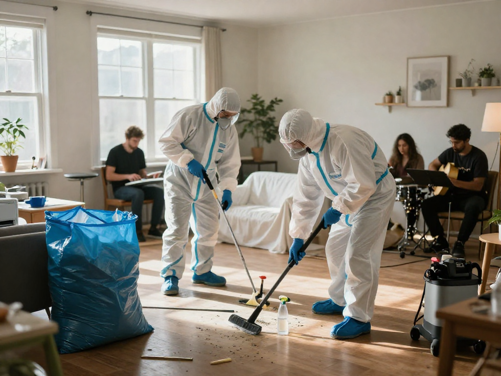 Tatortreinigung in Dortmund bei der professionellen Reinigung eines Wohnraums mit geschulten Technikern und Desinfektionsmitteln.