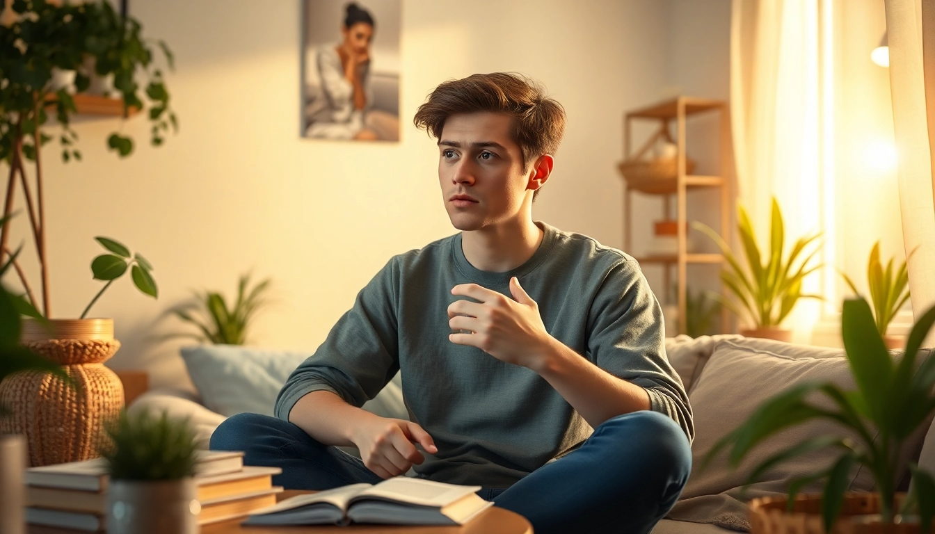 Anxiety symptoms portrayed through a young adult in a calming room setting, reflecting emotional struggle.