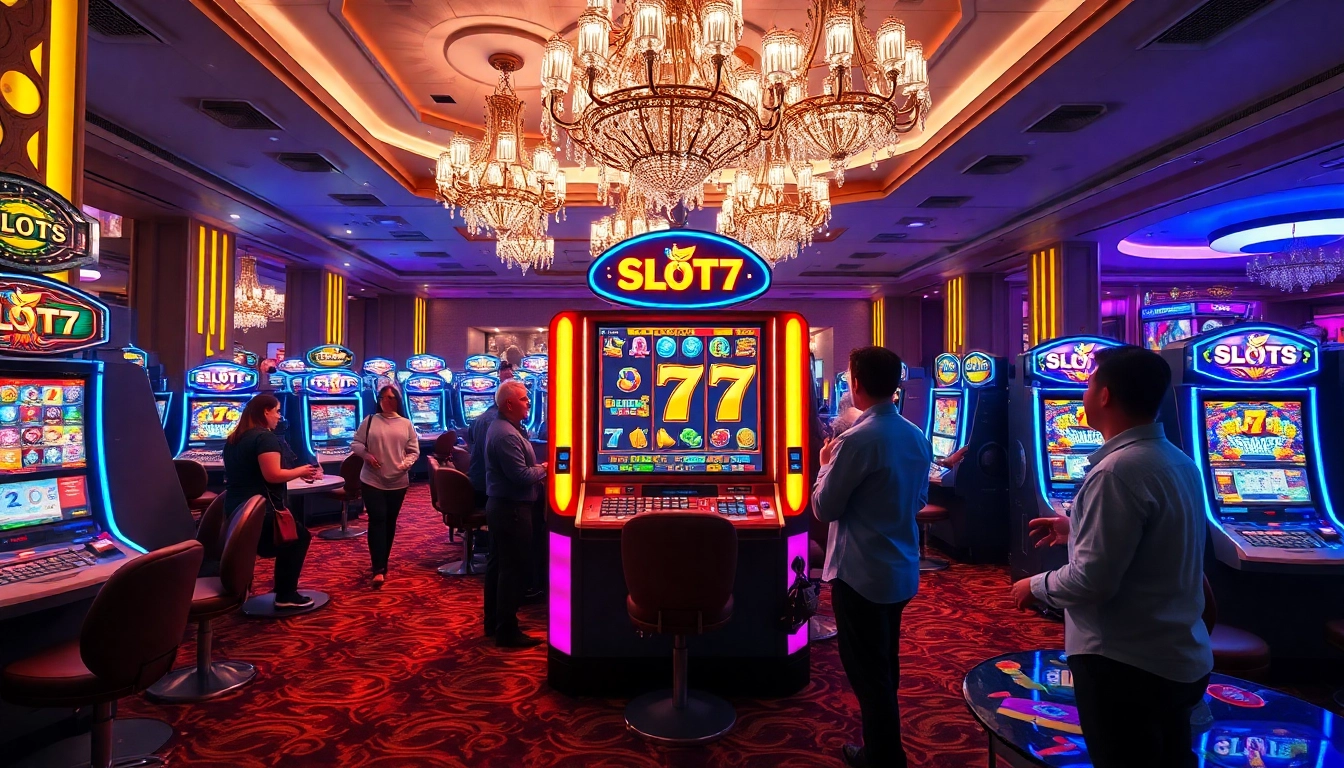 Menangkan permainan Slot77 pada mesin berwarna-warni di kasino yang meriah.