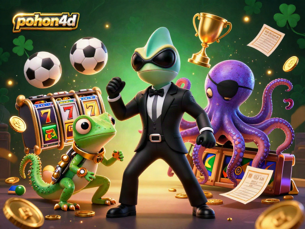 Experience pohon4d's vibrant casino action with a colorful, animated illustration featuring dynamic characters and game elements.
