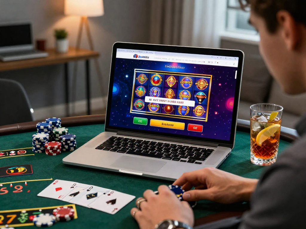 Engaging online gaming setup showing casinos that accept credit cards with vibrant game displays and a focused player in a modern home.