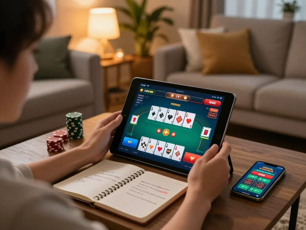 Engaging FAFA828 online gaming scene with a person strategizing poker on a tablet and cozy home setup.