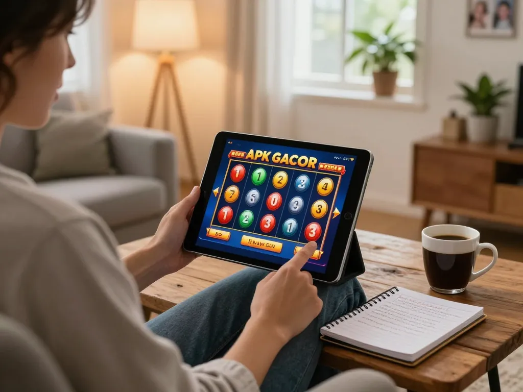Play apk gacor slots on a tablet in a cozy home setting with warm lighting and betting strategies.