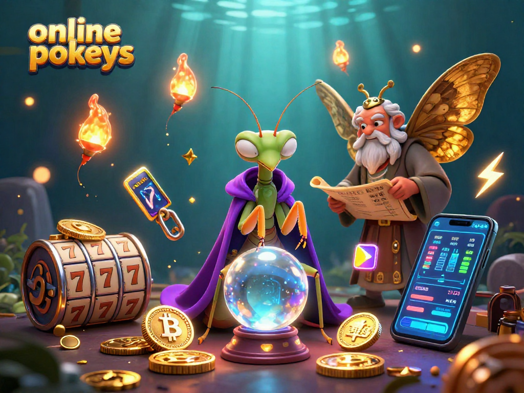 Engage in online pokies with vibrant characters and dynamic slot elements surrounding a fortune teller scene.