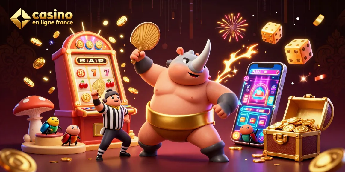 Animation captivante avec un insecte rhinocéros sumo et un jackpot à casino en ligne France.