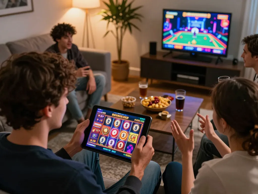 Engaged player celebrating a win on slot777 resmi with colorful graphics on tablet during cozy game night.