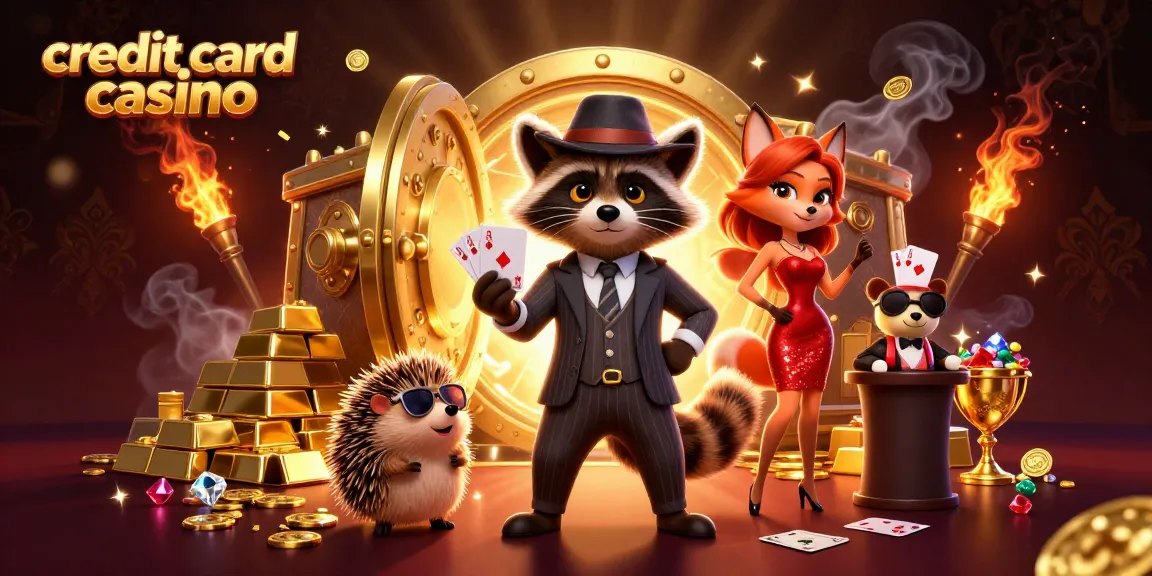 Experience a vibrant credit card casino atmosphere with a charming raccoon, fox, and hedgehog in a dynamic digital scene.