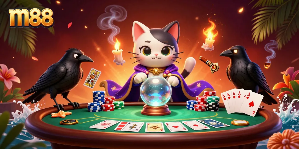 Experience thrilling m88 gaming with a mystic cat and tarot raven amidst vibrant casino elements.