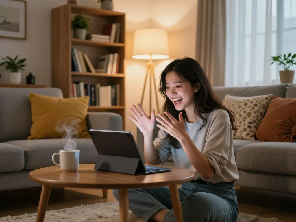 Young woman chatting with her AI girlfriend on a tablet in a cozy living room.