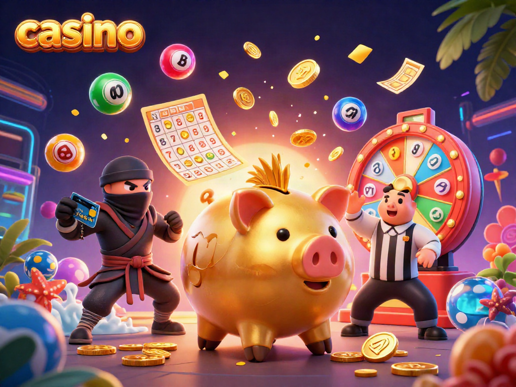 Casino scene with a golden piggy bank sumo wrestler and dynamic game elements illustrating excitement.