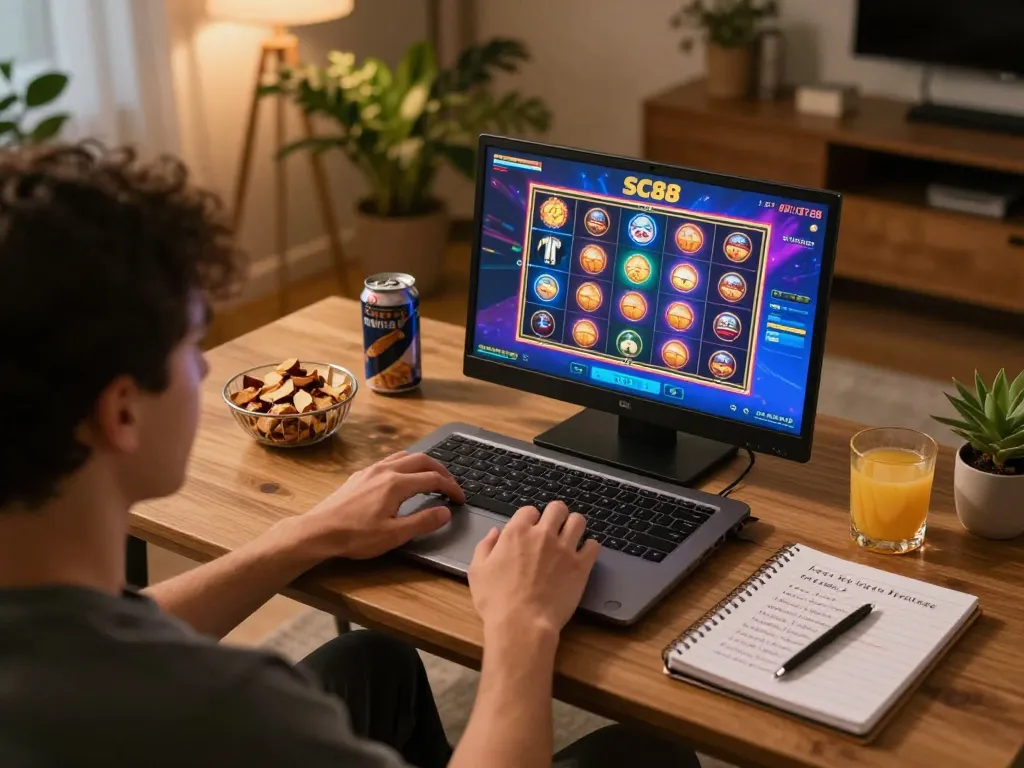 Person playing online casino games at SC88 on a laptop, showcasing a vibrant slot game.