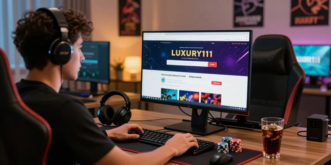 LUXURY111 Link Alternatif dalam suasana pengalaman judi online, pemain fokus di depan komputer dengan akses ke situs.