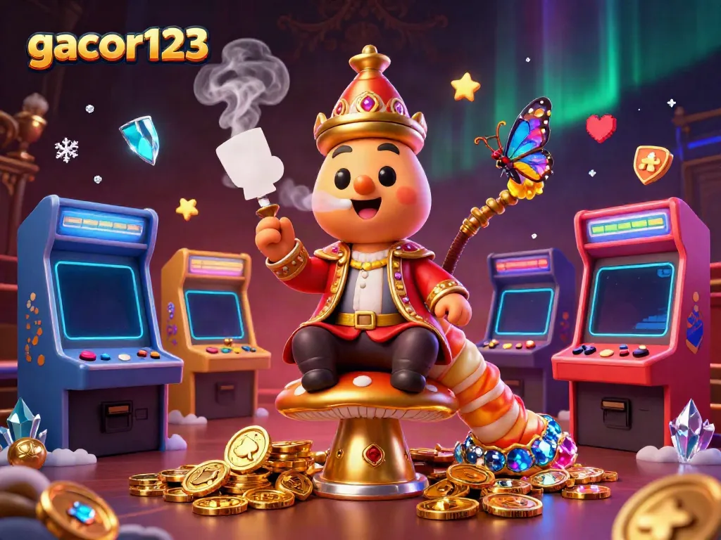 Engage in the world of gacor123 with a vibrant, illustrated casino scene featuring unique game elements and characters.