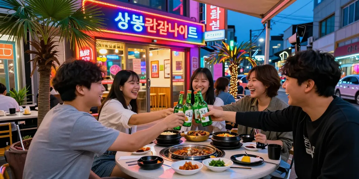 Enjoying Korean cuisine at 상봉동 한국관나이트 with friends, vibrant nightlife atmosphere and delicious dishes.