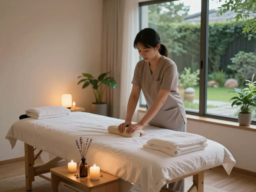 Calming environment for 역삼동마사지 therapy with soothing candles and essential oils.