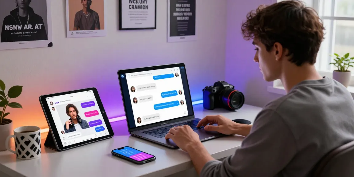 User enjoying an immersive nsfw chat ai experience at a modern desk with high-tech devices and vibrant chat interfaces.