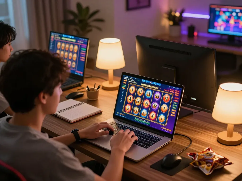 Engaging in slot server thailand no 1 online gaming with a laptop at home desk, showcasing vibrant gameplay.