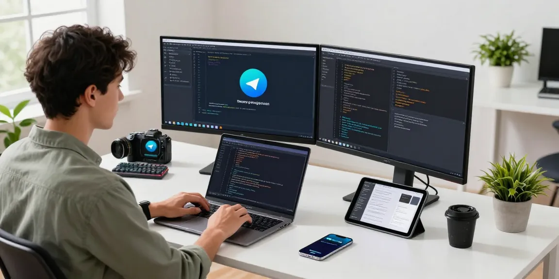 Developer working on Telegram app features in a sleek office, showcasing the 纸飞机中文版 experience.