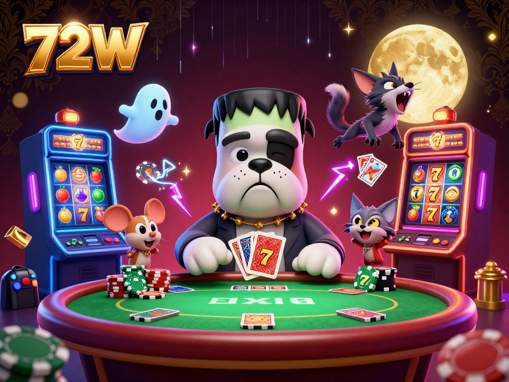 O conceito do 72W apresenta um bulldog Frankenstein jogando cartas em uma mesa de pôquer iluminada, com um toque de fantasia.