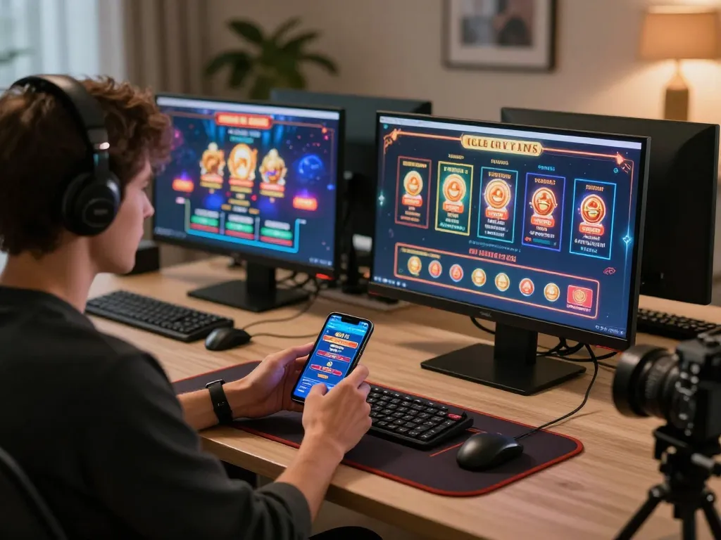 Engaging scene of online gaming at NHÀ CÁI CM88 with a player analyzing strategies on tablet and smartphone.