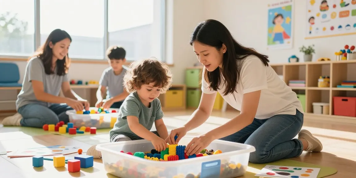Occupational therapy helping children through engaging sensory play activities in a pediatric clinic setting.