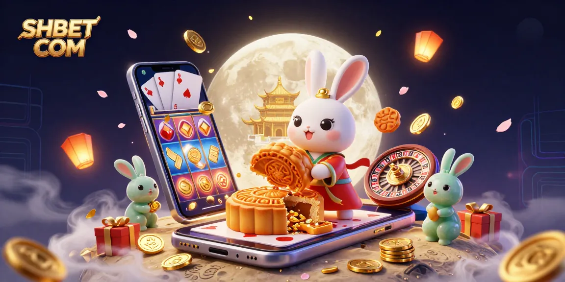 Spin to win at SHBET COM, featuring a whimsical moon rabbit with poker chips and vibrant slot elements.