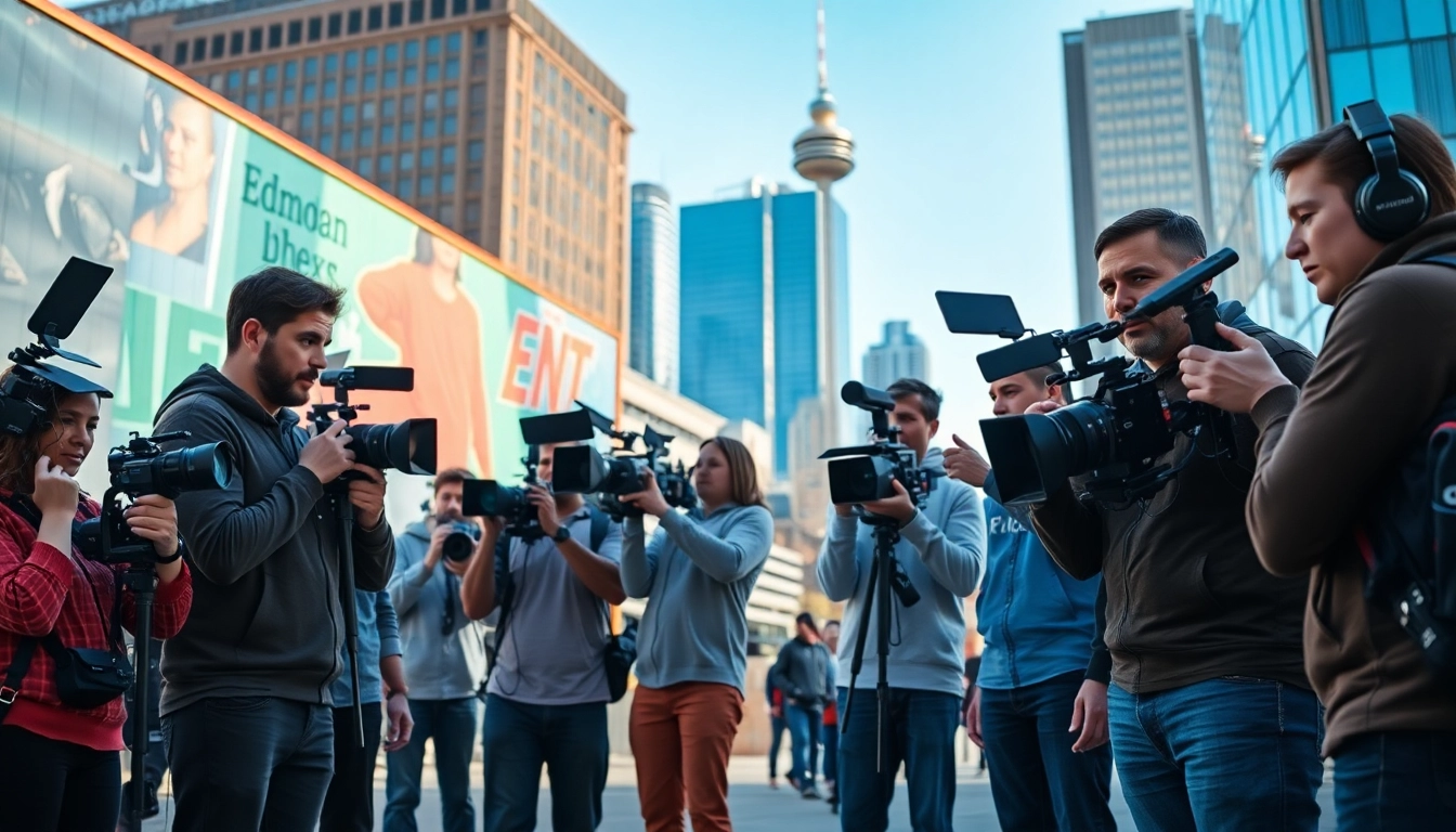 Showcasing edmonton production companies capturing a vibrant urban scene with a professional crew.