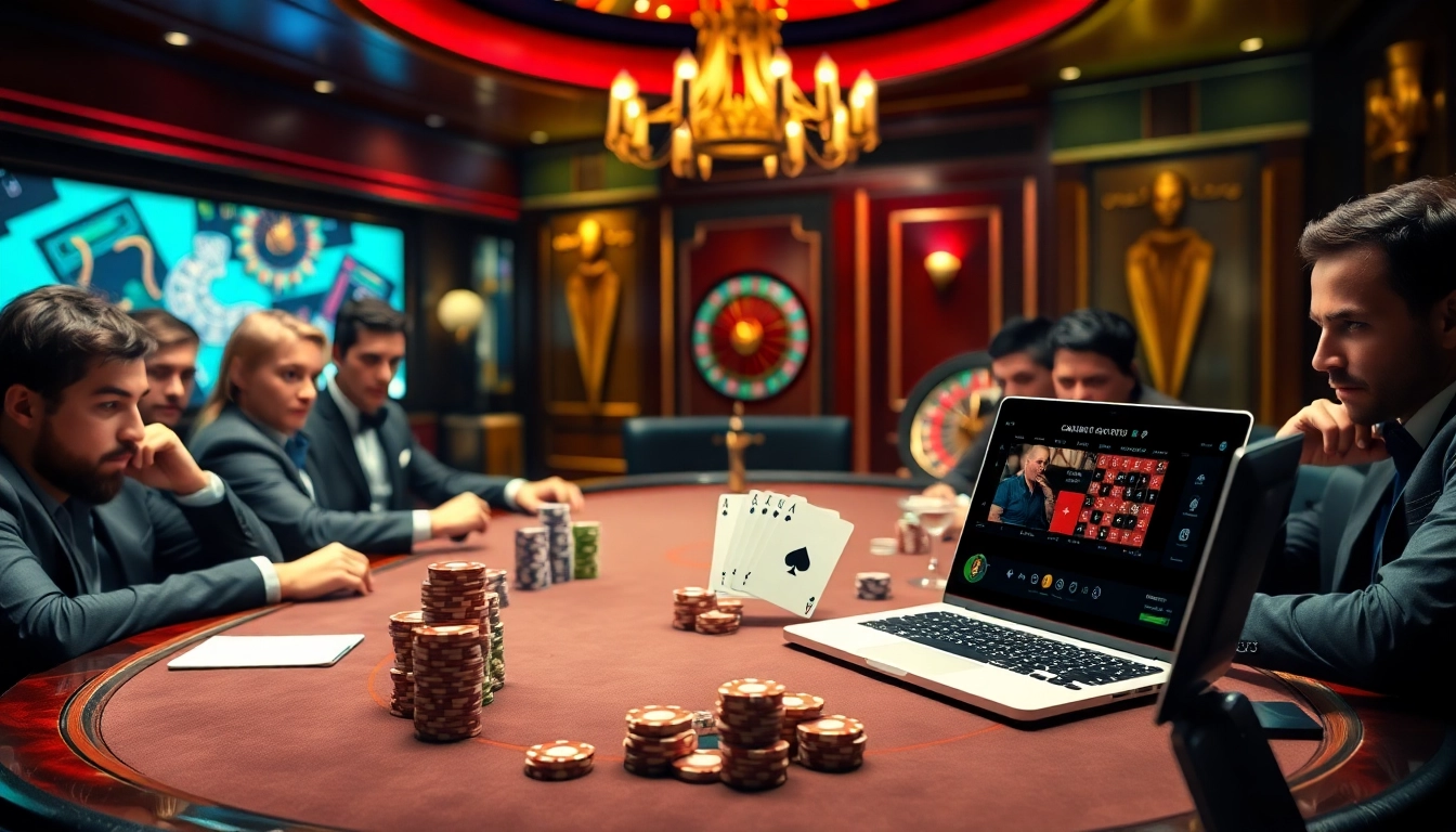 Une partie de poker palpitante dans un casino en ligne argent réel de luxe en France avec des couleurs vives et des jetons élégamment empilés.