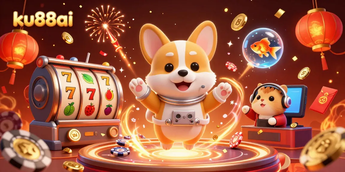 ku88ai showcases a thrilling space casino scene featuring an astronaut corgi and dynamic gambling elements.